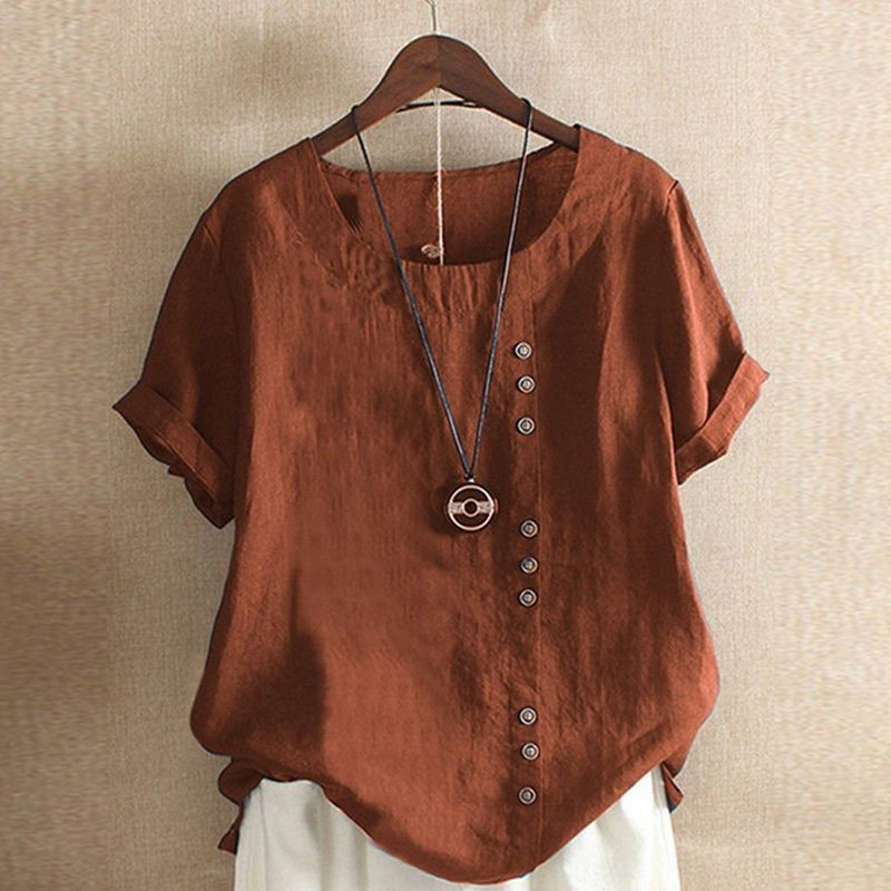 棉麻短袖上衣女夏季薄款宽松特大码女装遮肚显瘦复古亚麻圆领t恤