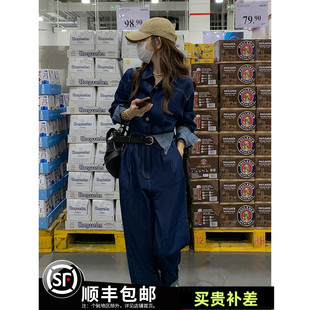 撞色工装牛仔连体裤女2023春秋新款宽松bf拖地长裤高腰阔腿连衣裤