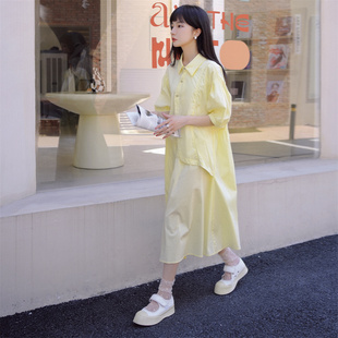 奶黄色连衣裙女夏2024新款法式衬衫裙绝美质感高级感森系小众设计