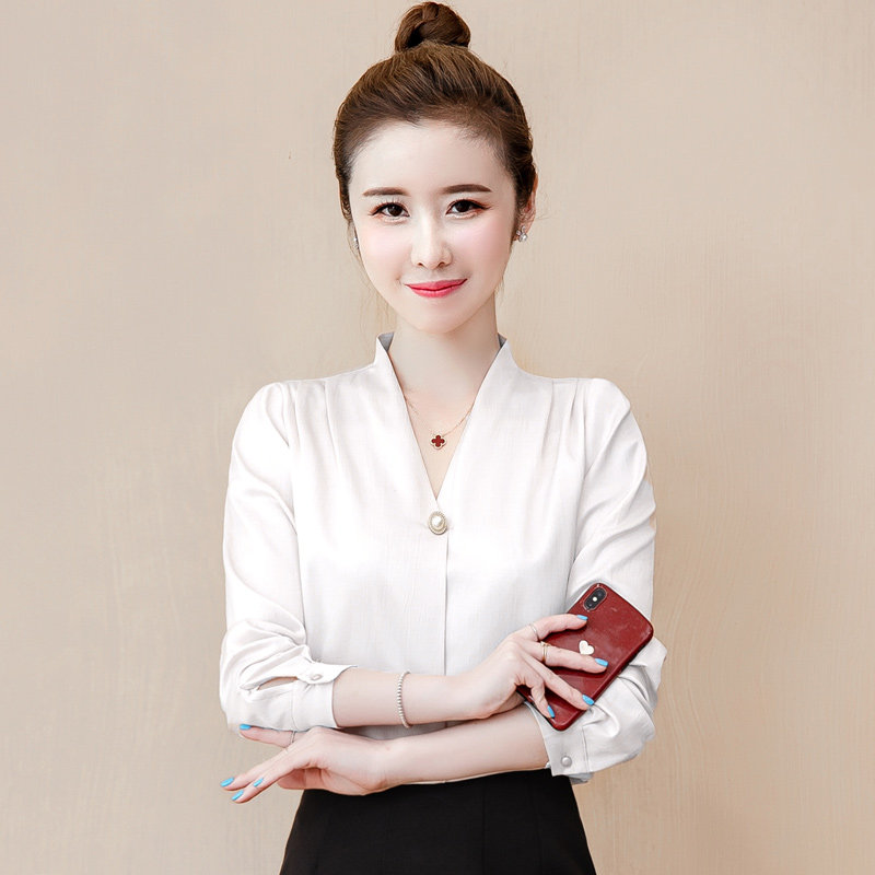 实拍新品桑蚕丝女装2020早春款韩版纯色ol职业女衬衫真丝长袖上衣