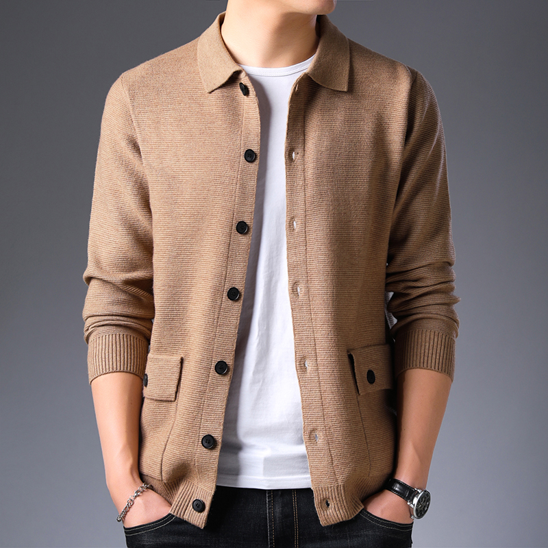 一折男羊毛开衫外套_春季新款纯羊毛男士针织开衫休闲翻领纽扣羊绒衫