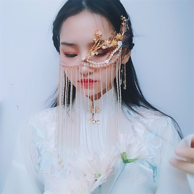 秀禾服头饰流苏汉服面帘古风遮脸饰品古代面纱古风cos古装遮面