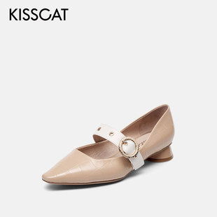 KISS CAT/接吻猫复古玛丽珍鞋尖头低跟压纹浅口单鞋女KA21114-17