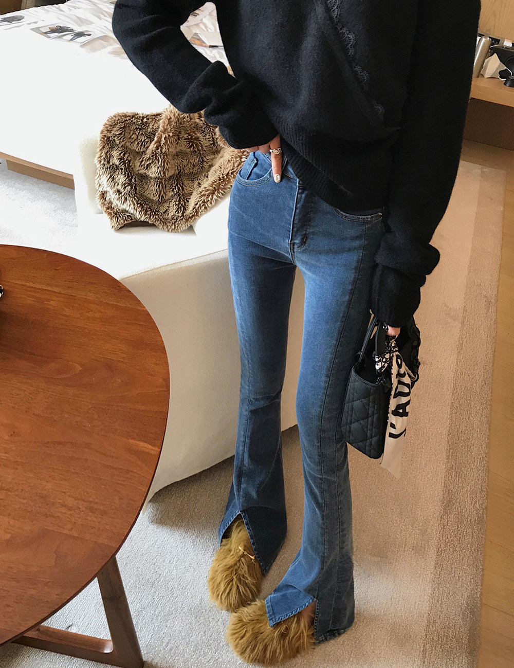 大瓶定制 优越版型 加绒微喇叭裤女冬季高腰显瘦紧身开叉牛仔裤子