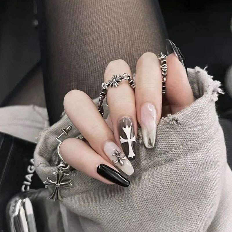 暗黑哥特十字y2k风美甲贴欧美朋克长款梯形酷girl穿戴甲假指甲片