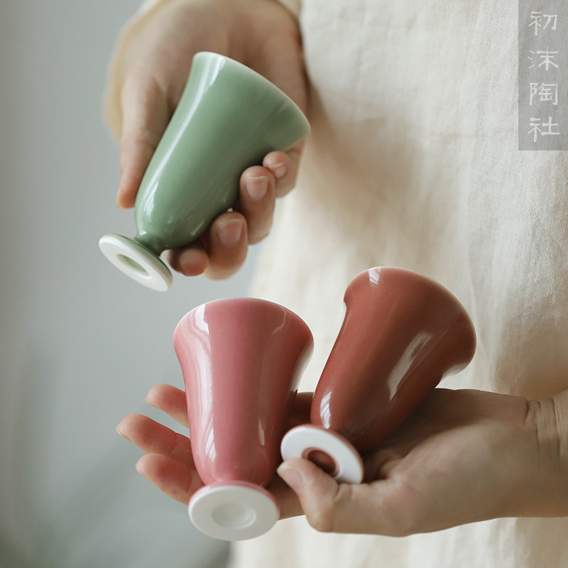 初沫陶社景德镇手工原矿釉美人杯高足品茗功夫茶杯小酒杯闻香杯