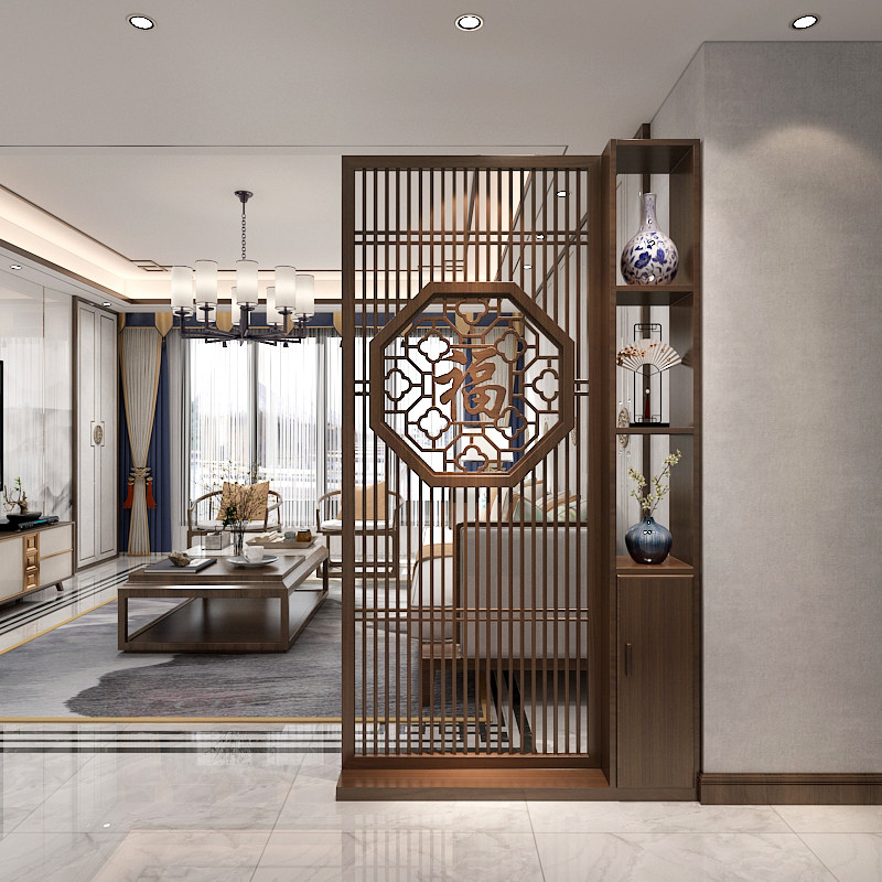 新中式实木屏风隔断客厅家用装饰福字置物架入户玄关层架简约现代