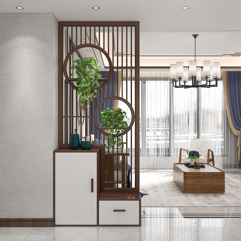 新中式进门玄关柜现代简约客厅隔断鞋柜间厅实木镂空屏风柜入户