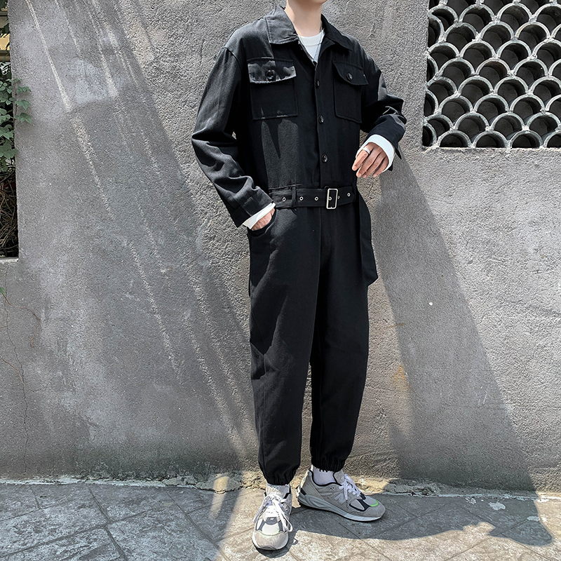 日系复古休闲束脚工装连体裤男ins美式嘻哈连体工作衣服套装潮男