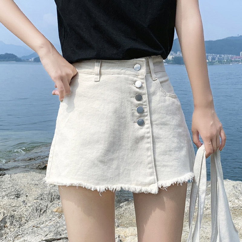 2019女夏装新款高腰排扣不规则韩版牛仔短裤女白色百搭毛边裙裤潮|msdalam kategori Butik wanita / wanita, skirt - dari Buy2taobao.com untuk memberikan perkhidmatan ejen Taobao profesional membeli