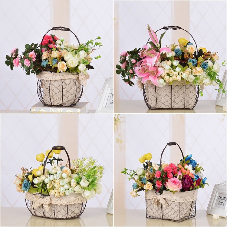 盆栽篮子_铁艺手提花篮 圆形方形田园风插花篮子 盆栽绿植花盆蕾丝