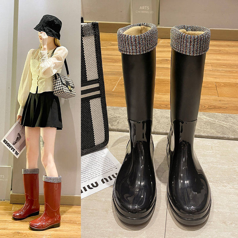 上海双钱思捷美雨鞋女高筒雨靴时尚加绒水靴欧美长筒靴厨房防滑