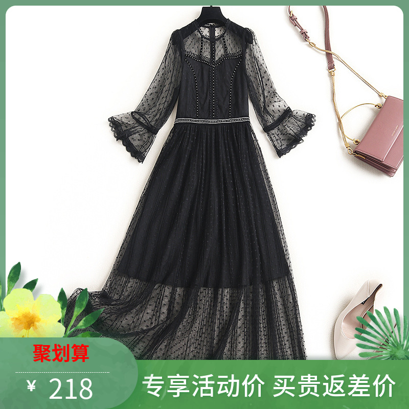 法式黑色网纱连衣裙2021新款中长款波点裙气质女神范赫本风小黑裙
