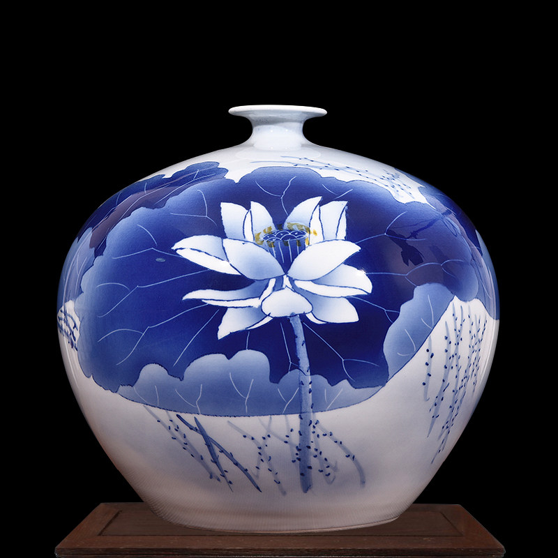 景德镇陶瓷器 手绘瑶池清韵石榴瓶 现代仿古家居装饰工艺品摆件