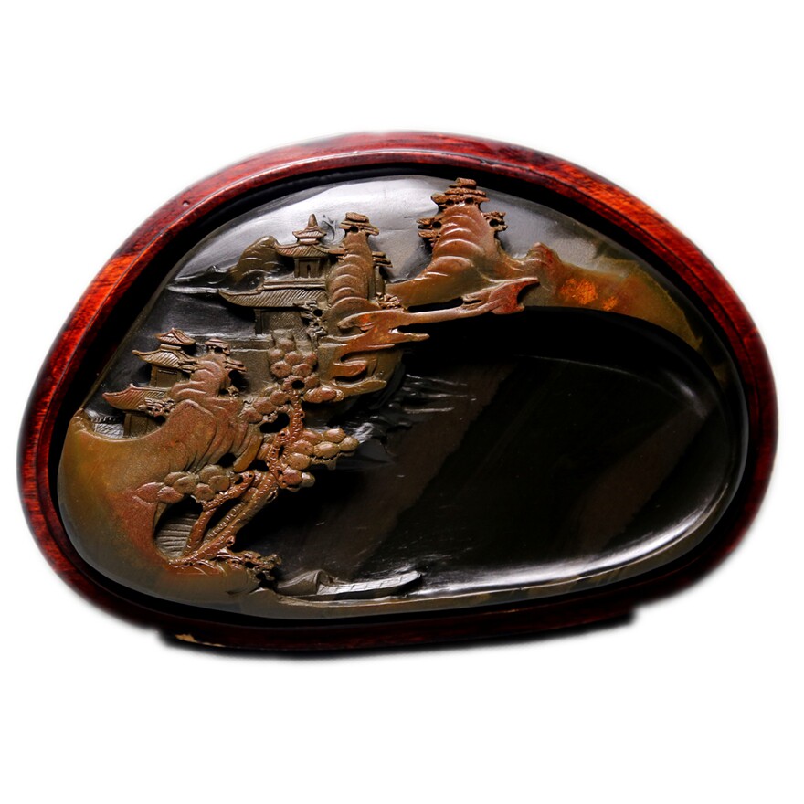 许亚祥《明月清风》红皮彩带 歙砚砚台精品 中国歙砚