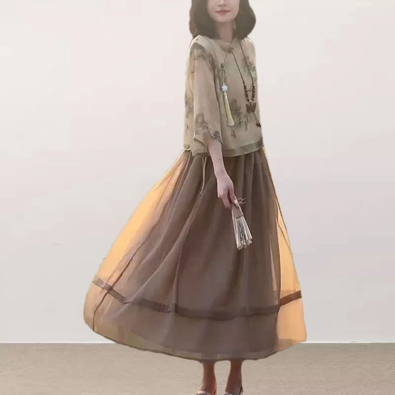 新中式流行穿搭一整套女夏季2024新款印花上衣遮胯半身裙两件套潮