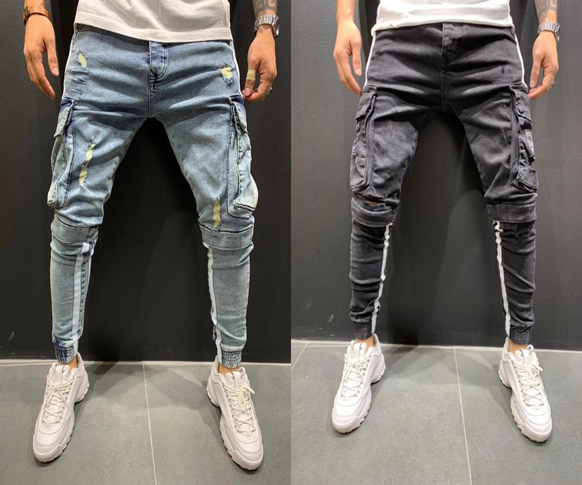 欧美弹力男士牛仔裤潮流膝盖破洞拉链小脚长裤ripped jeans men。