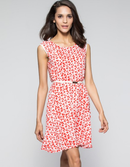 品牌正品桔红时尚印花无袖高腰系带连衣裙150122102 送腰带一条