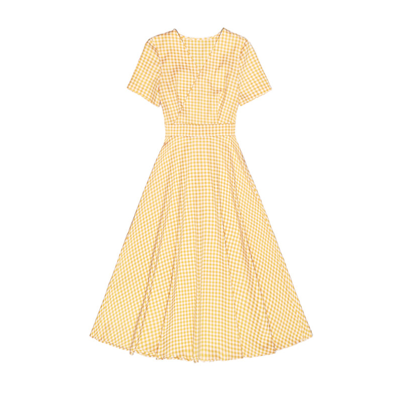 法式桔梗裙气质v领收腰显瘦长裙淡黄色格子连衣裙夏2020新款裙子 - 一
