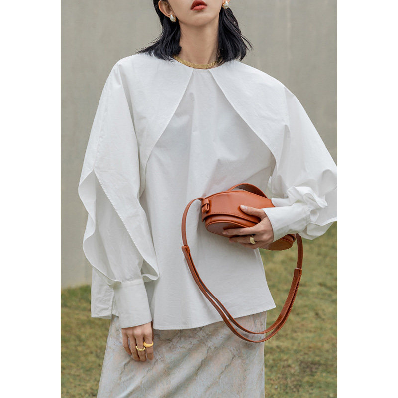 设计感花苞袖小众衬衫女2022春季新款韩版通勤气质圆领上衣c20002