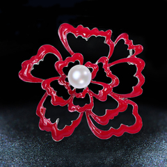 日韩时尚珍珠贝珠胸针 镂空红色牡丹花朵胸花 气质百搭名媛女新款
