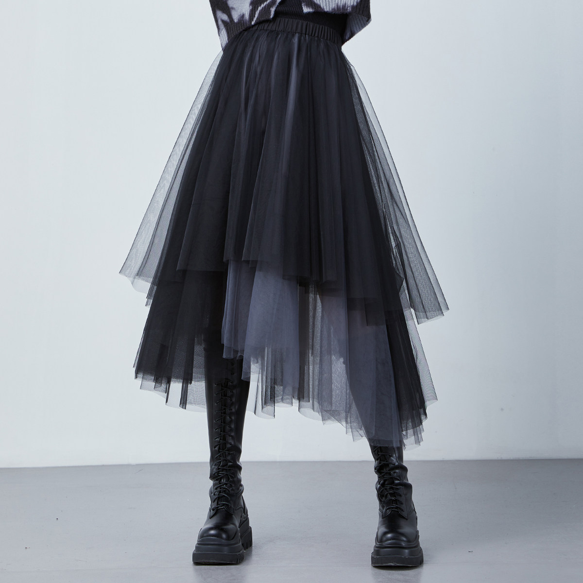 圆缺原创设计 黑色不规则网纱裙女春季新款双色层次感百搭半身裙