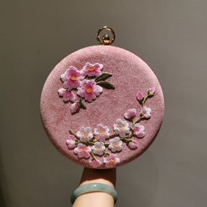 十里桃花 复古中式刺绣小圆包汉服旗袍口金包 手提斜挎圆形包包