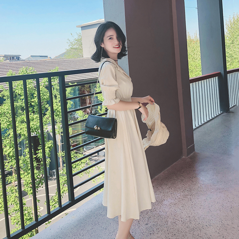 2018夏装新款v领高腰雪纺连衣裙女中长款气质显瘦a字裙冷淡风裙子