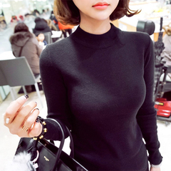 半高领长袖针织打底衫女黑色毛衣修身紧身套头针织衫2016冬季女装