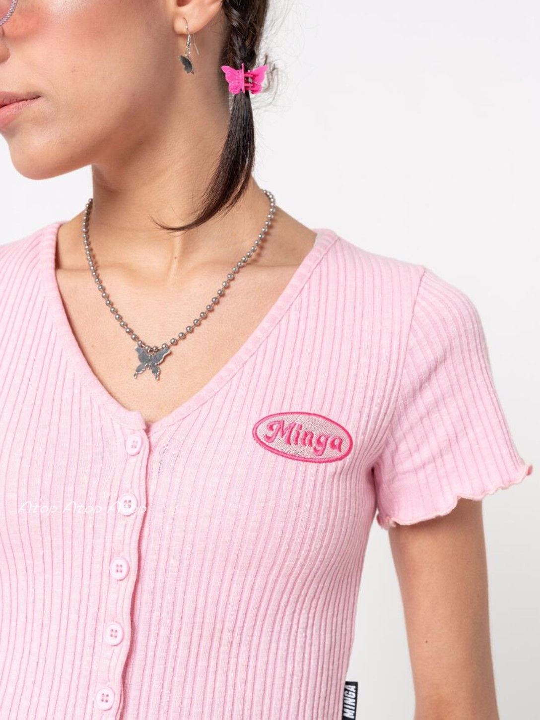 MINGA LONDON英国代购基本款上衣短袖t恤粉色少女花边系扣开衫