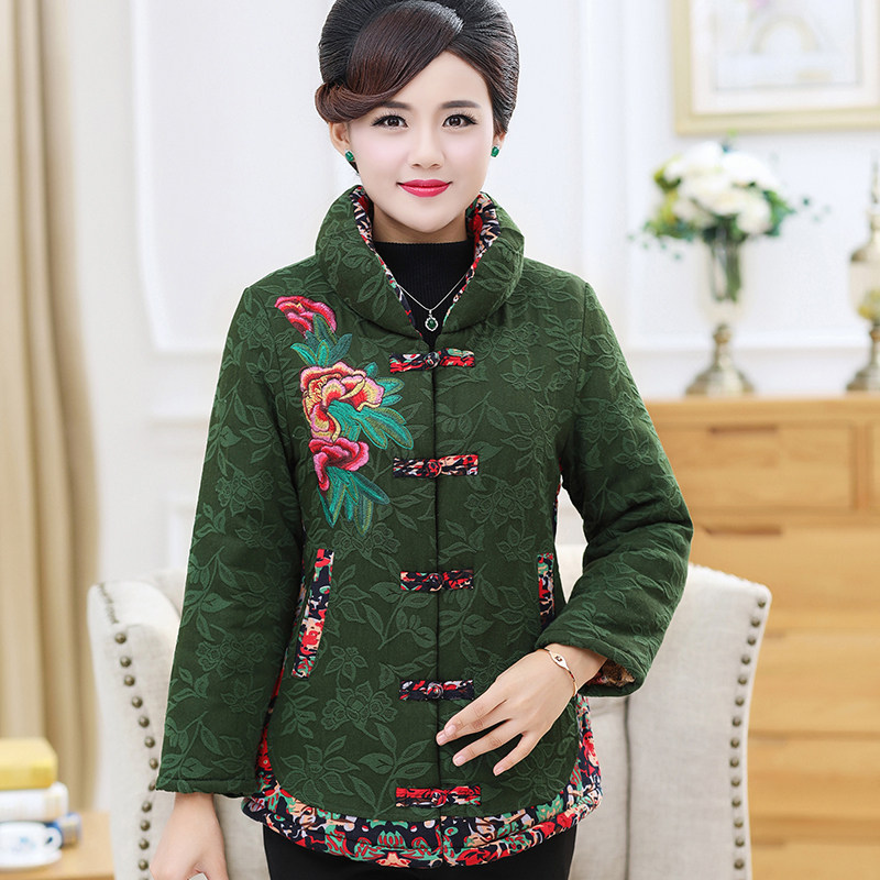 夕眸民族风妈妈冬装短款棉衣中老年女装唐装刺绣加厚棉服外套棉袄