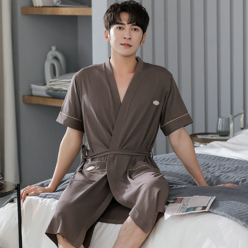 睡袍男士夏季莫代尔短袖薄款加大码青中年爸爸日式浴泡睡衣男夏天