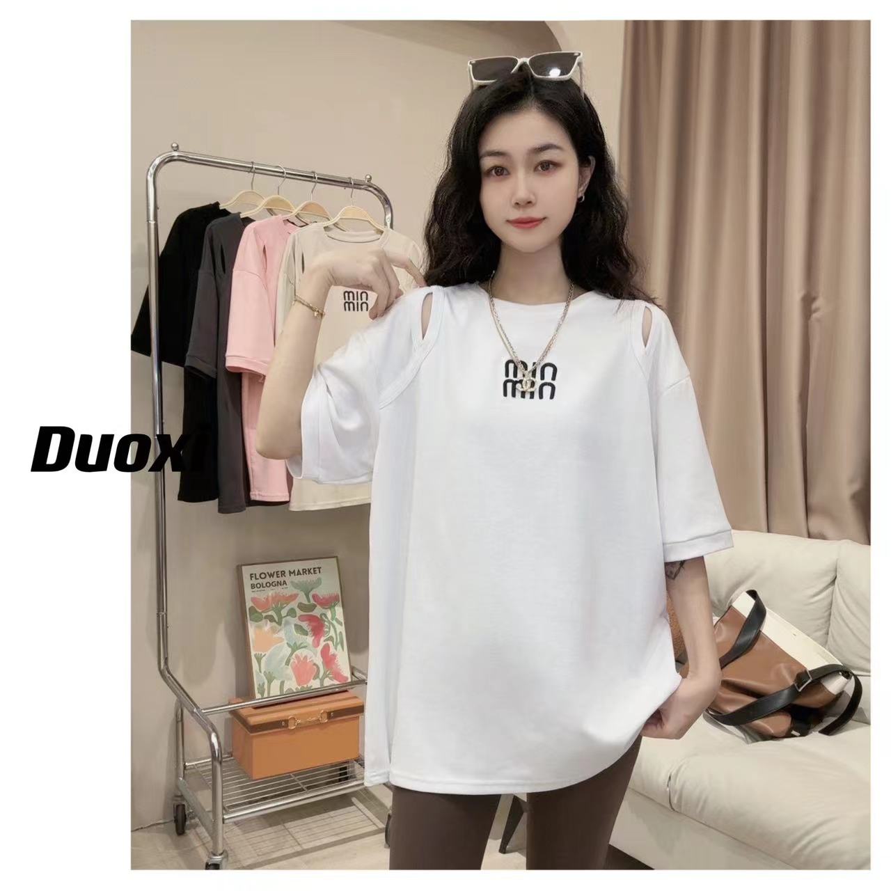 Duoxi+双肩开口刺绣短袖T恤女2024年夏季新款宽松休闲时尚上衣