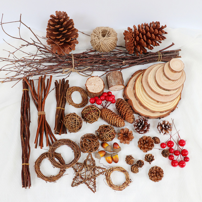幼儿园环创手工装饰diy材料包带皮圆木片树枝松果原生态拍照道具