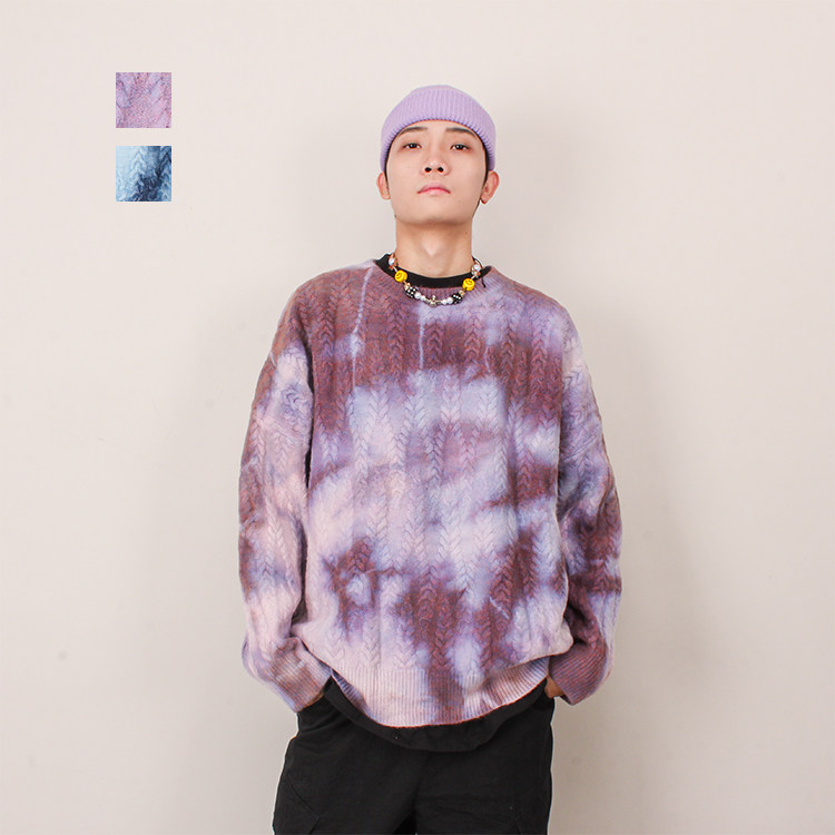 个性潮暗黑高街欧美百搭时尚秋冬扎染斑斓配色圆领毛衣男女针织衫