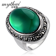 Thai Thai silver jewelry 925 Silver vintage exaggerated green agate ring sphere in Europe and gemstone rings