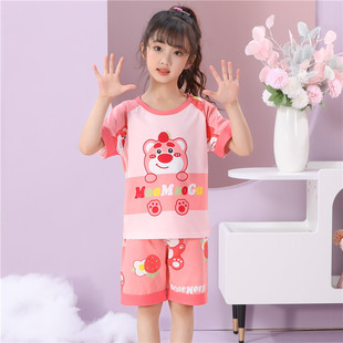 儿童睡衣夏薄款女童短袖可爱卡通草莓熊洋气中大童空调家居服套装