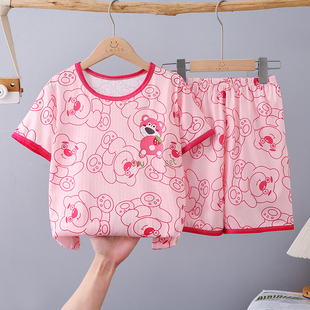 儿童睡衣女童短袖夏季薄款可爱女宝宝卡通草莓熊中大童居家服套装