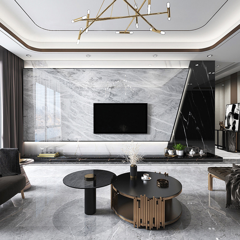 大理石电视背景墙瓷砖现代简约客厅轻奢装饰石材电视墙悬空影视墙