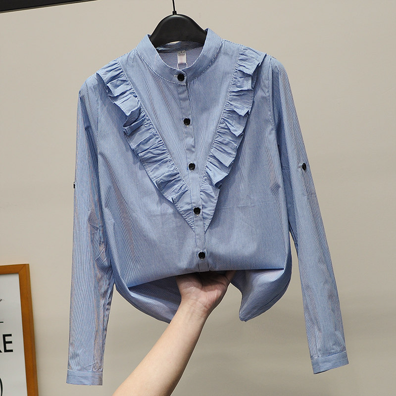 蓝色竖条纹衬衫女2022春季新款长袖圆领荷叶边衬衣宽松气质上衣