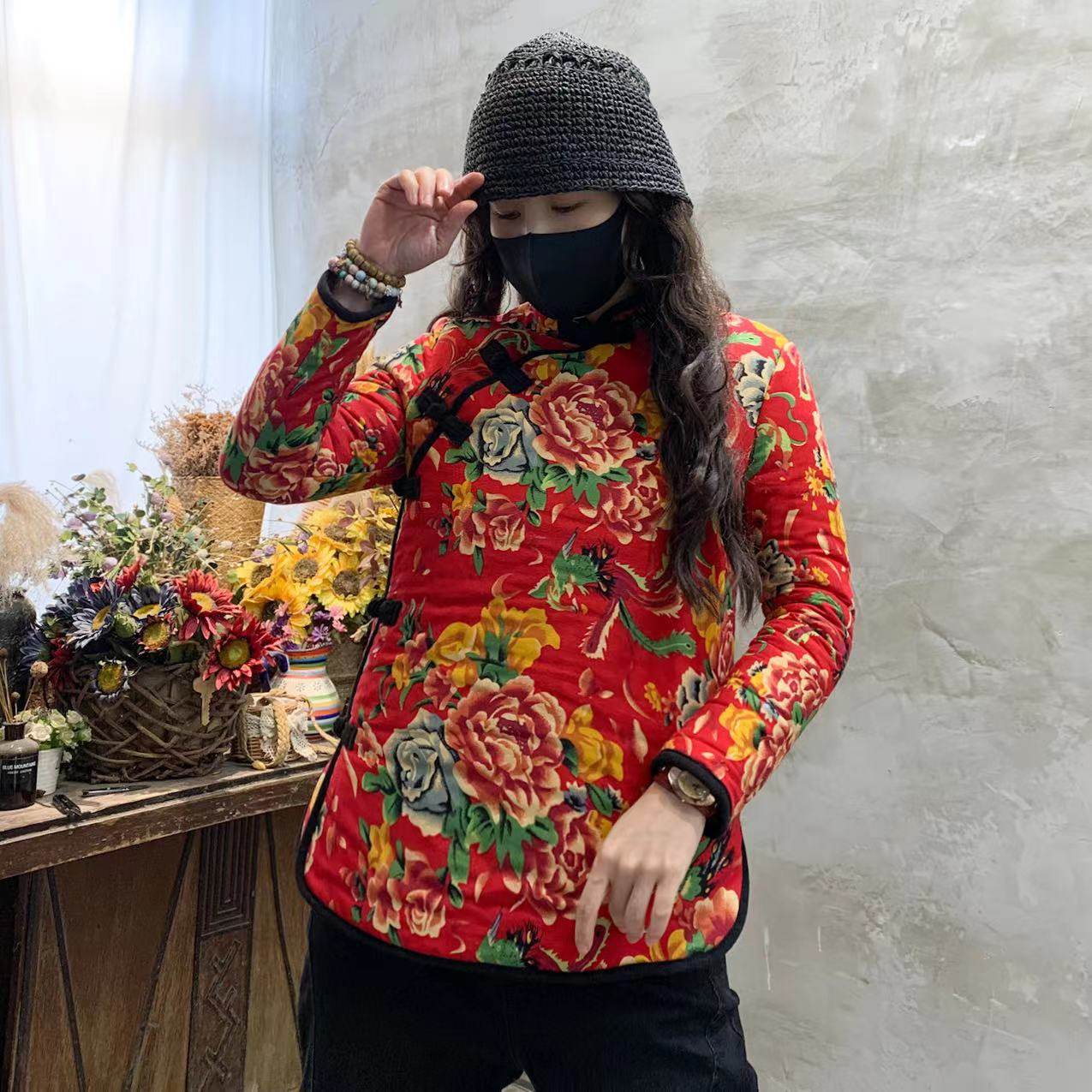 东北大花布丝绵棉衣女装棉服冬修身加厚保暖新娘红色棉袄长袖外套