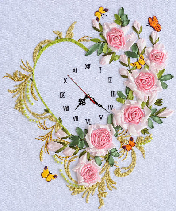 包邮丝带绣钟表挂画心有独钟印花彩带十字绣彩带绣花卉花立体绣