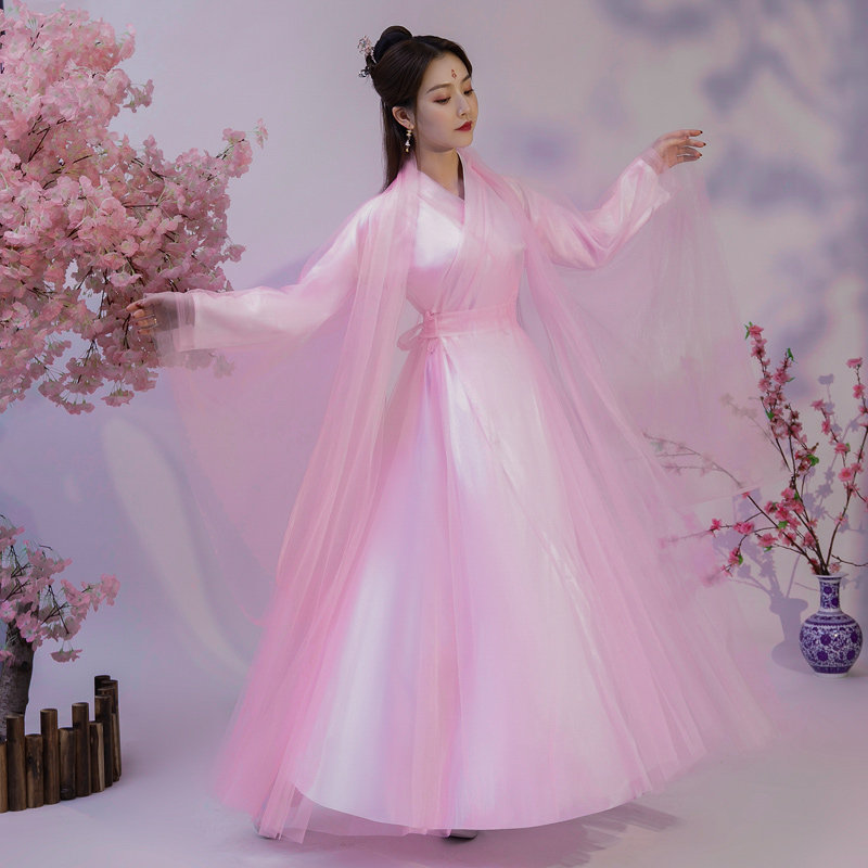 原创粉色白浅凤九款古装改良汉服仙女装广袖舞蹈演出服飘逸清新淡