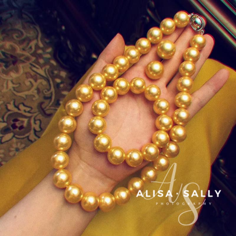 【ALISA珠宝】时尚洋气霸气超大14mm天然深海贝珠项链手链耳钉