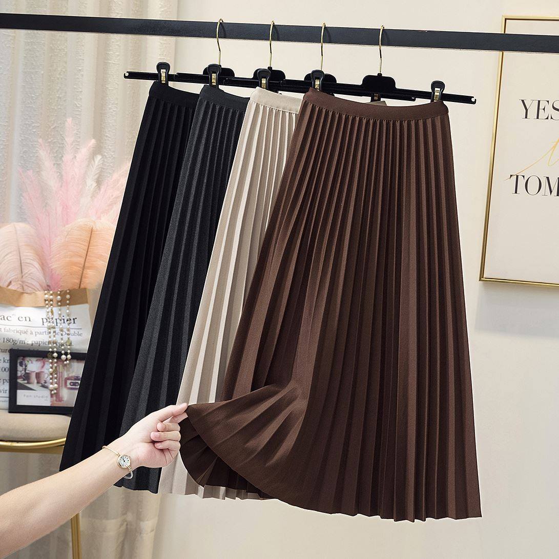 秋冬半身长裙女黑色毛呢半身裙中长款百褶a字裙