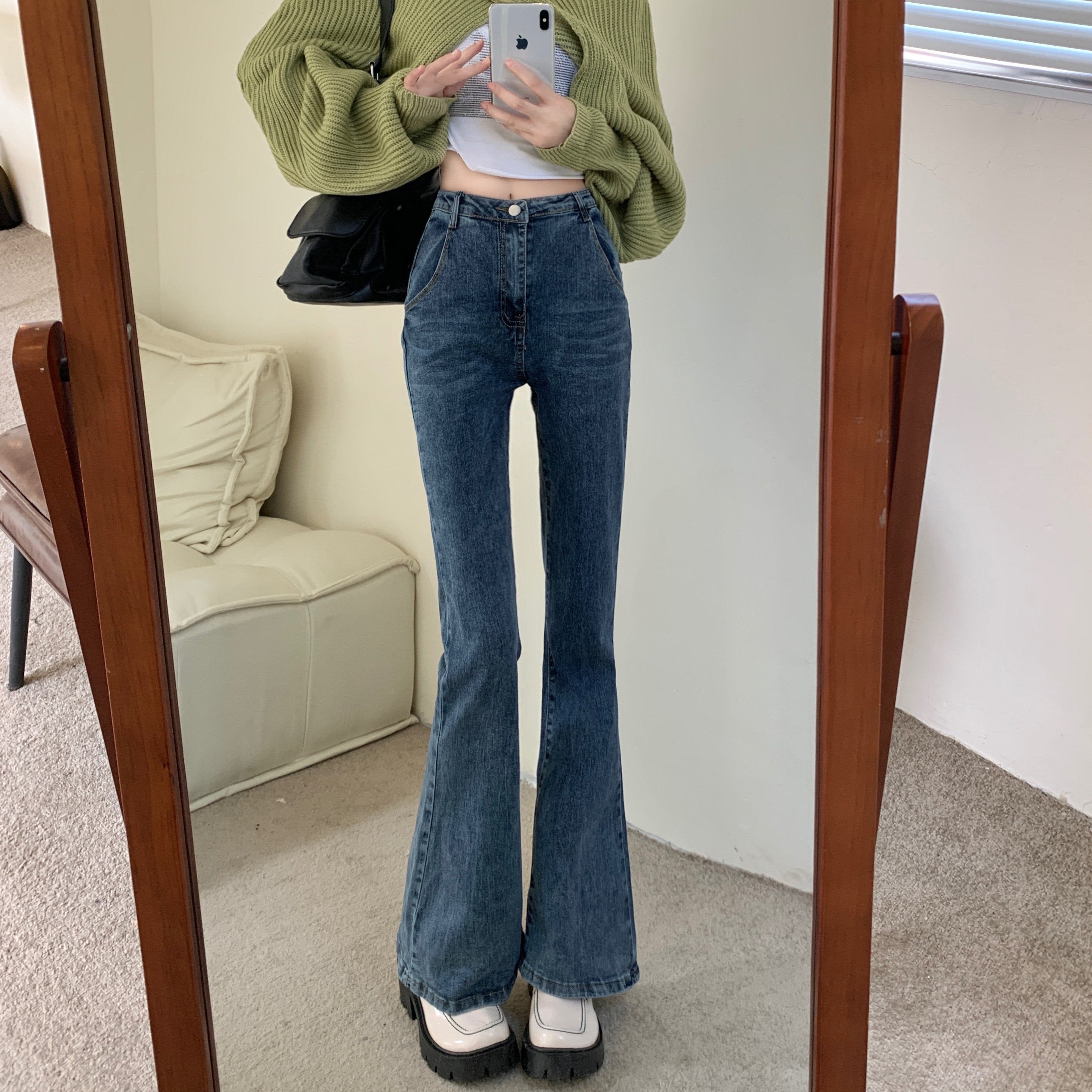 价复古chic修身显瘦喇叭裤高腰百搭紧身弹力微喇牛仔裤,女装牛仔裤,tg