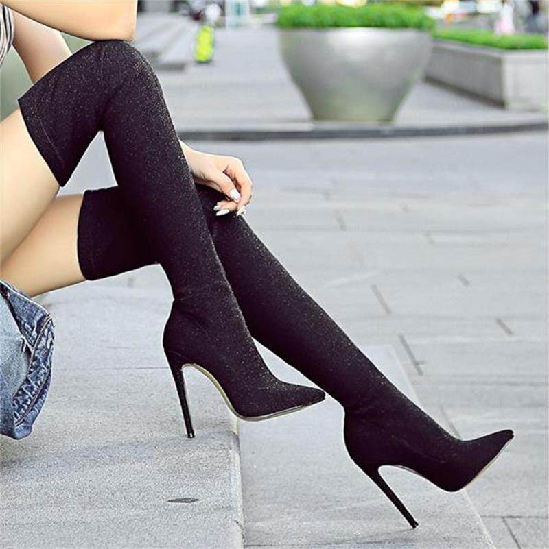 表演过膝靴女长靴银色亮片弹力不掉筒细跟单靴瘦腿性感超长时装靴