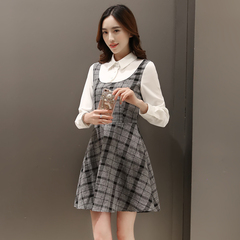 韩版2016秋装新款女装假两件拼接衬衫领长袖格子连衣裙显瘦打底裙