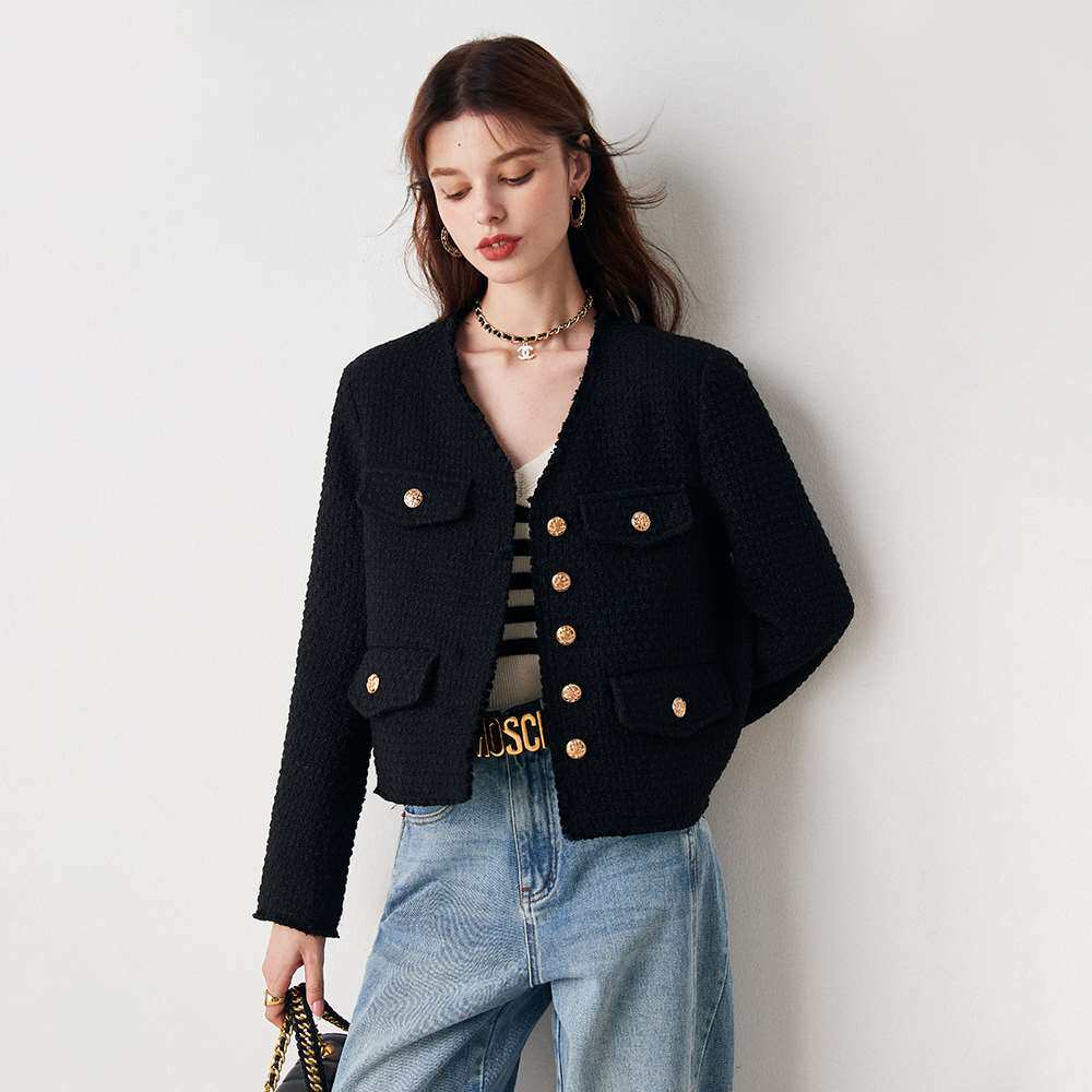 奥芝国 法式复古黑色小香名媛风外套女2022秋装新款粗花呢上衣