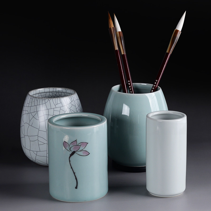 曹友泉手作陶瓷毛笔笔筒白瓷简约中国风多功能文具收纳盒弟粉哥粉汝窑